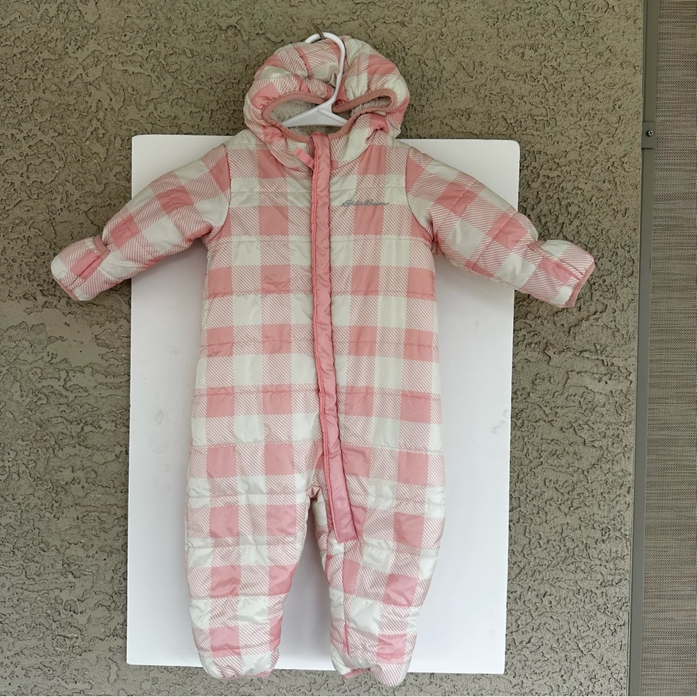 Eddie Bauer Infant Girls Pink Checkered Puffer Snowsuit 6-9M Hooded Sherpa Lined